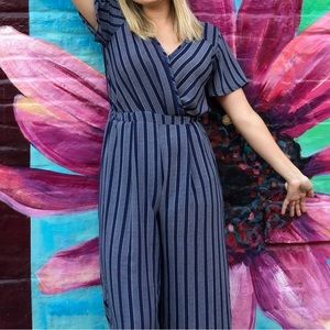 Large Blue V-Neck Jumpsuit with Short Sleeves